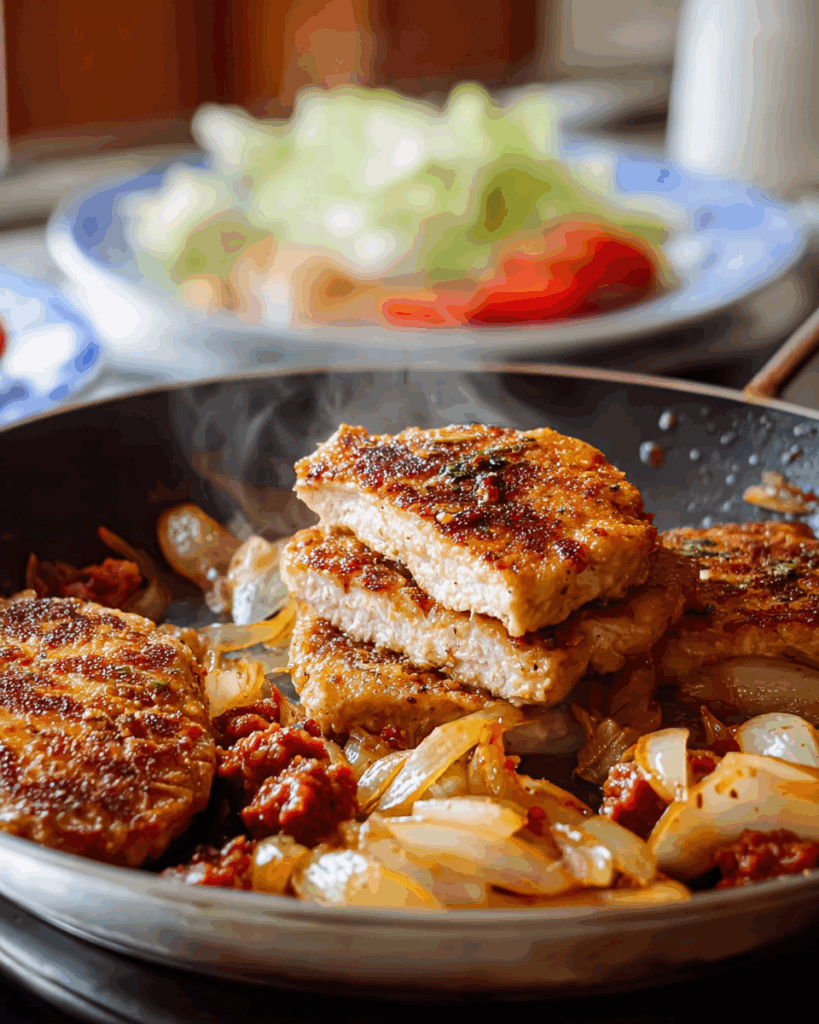 Chorizo and onions cooking in skillet for Chori Pollo