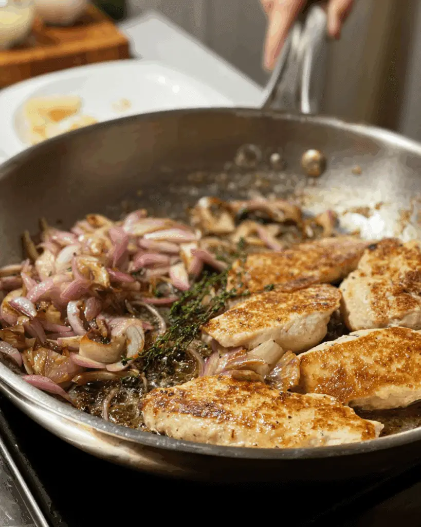 searing lemon shallot chicken in skillet with garlic and shallots