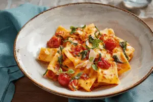 Pasta alla Sorrentina baked with fresh mozzarella and basil