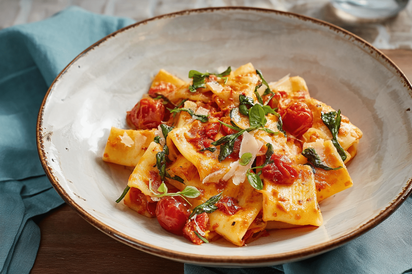 Pasta alla Sorrentina baked with fresh mozzarella and basil