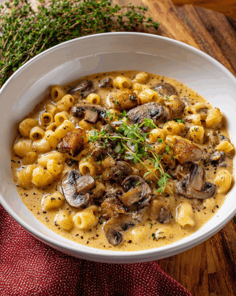 mushroom soup with bread and salad