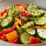 Freshly tossed cucumber sweet pepper salad in a white bowl