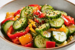 Freshly tossed cucumber sweet pepper salad in a white bowl
