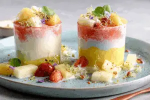 anti-inflammatory pineapple smoothie in layers with yogurt topping