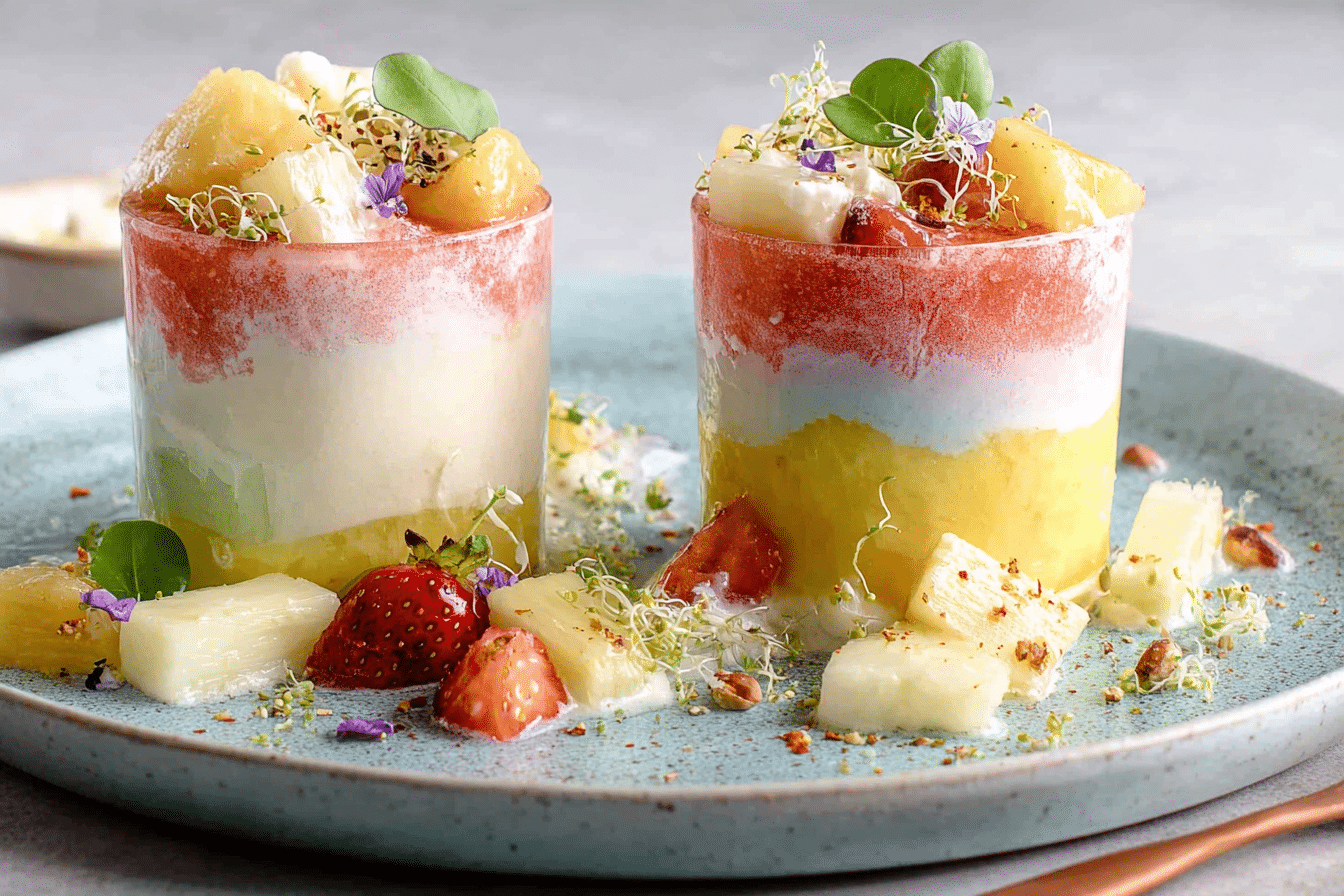 anti-inflammatory pineapple smoothie in layers with yogurt topping