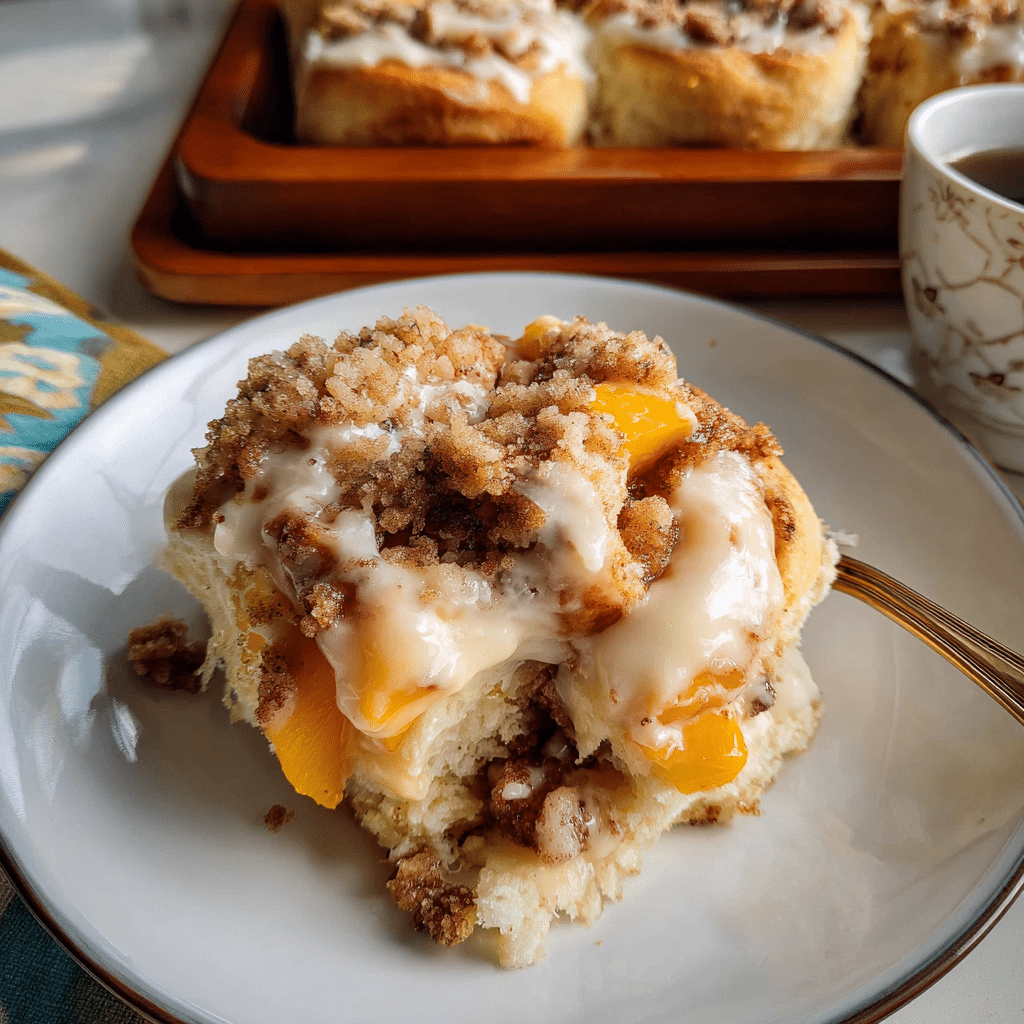 peach cobbler cinnamon rolls topped with cream cheese icing