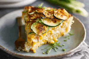 weet Corn Zucchini Pie with layers of zucchini and golden cheese
