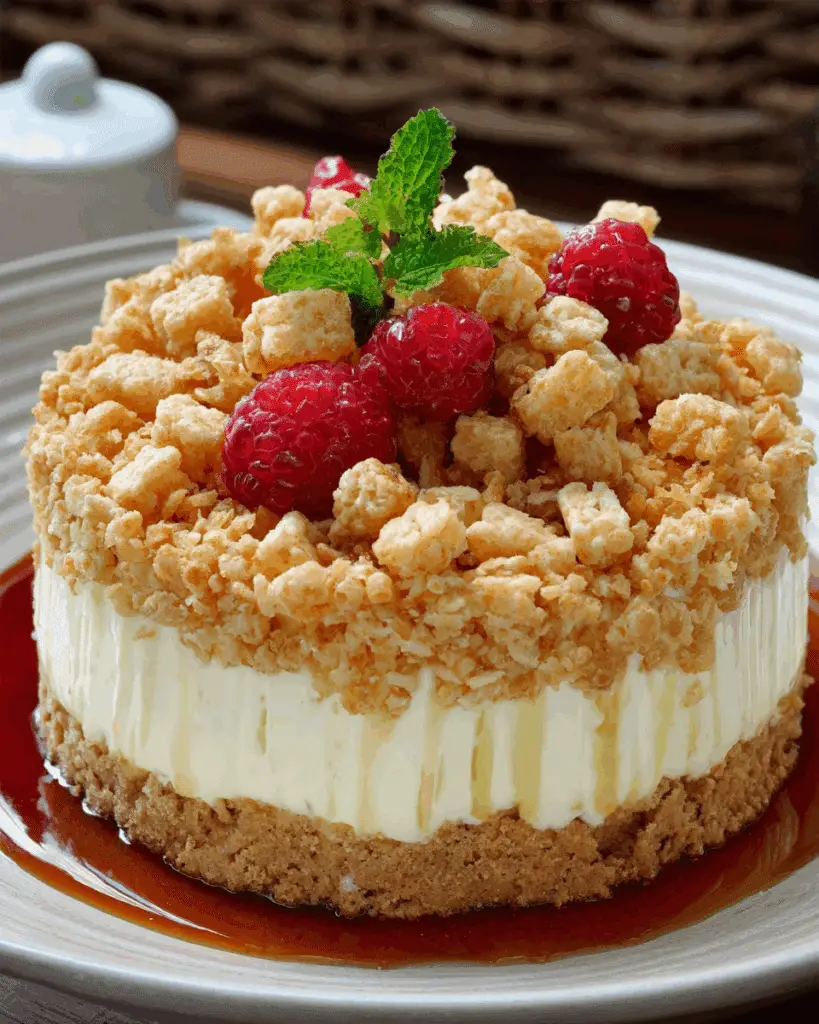 Whipped cream and Rice Krispy topping on no bake cheesecake