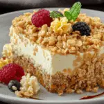 Close-up of Rice Krispy Treat No Bake Cheesecake slice with cereal crust