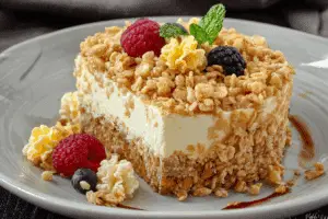 Close-up of Rice Krispy Treat No Bake Cheesecake slice with cereal crust