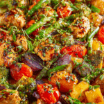 Sheet Pan Thai Chicken Dinner with veggies and peanut sauce
