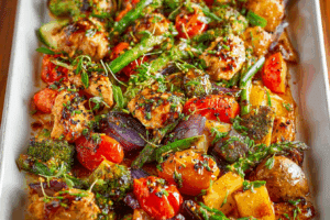 Sheet Pan Thai Chicken Dinner with veggies and peanut sauce