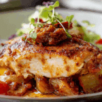 Chori Pollo with chicken, chorizo, and melted Oaxaca cheese in a skillet
