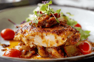 Chori Pollo with chicken, chorizo, and melted Oaxaca cheese in a skillet