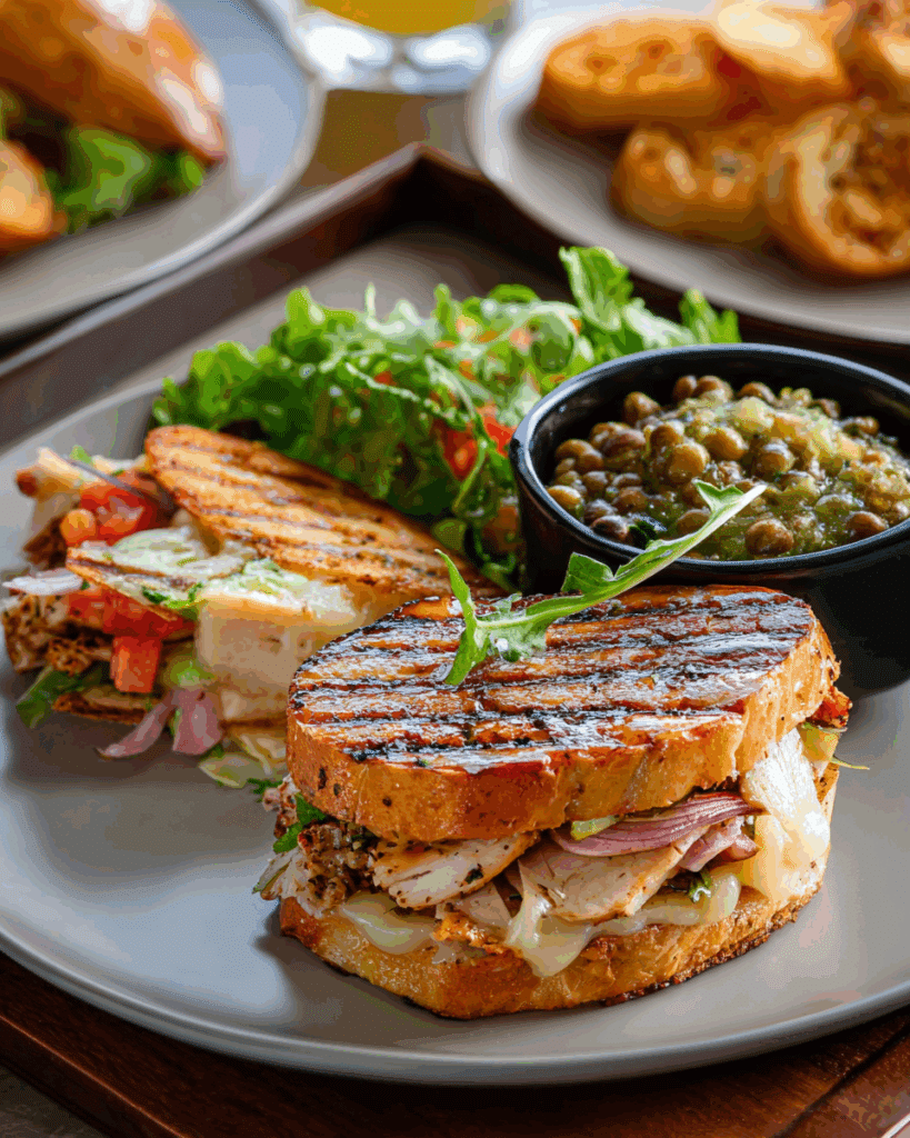 Grilled Mojo Chicken Cuban Sandwich with side dishes