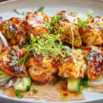Grilled spicy honey lime chicken skewers with herbs and lime