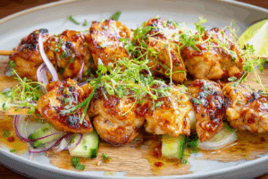 Grilled spicy honey lime chicken skewers with herbs and lime