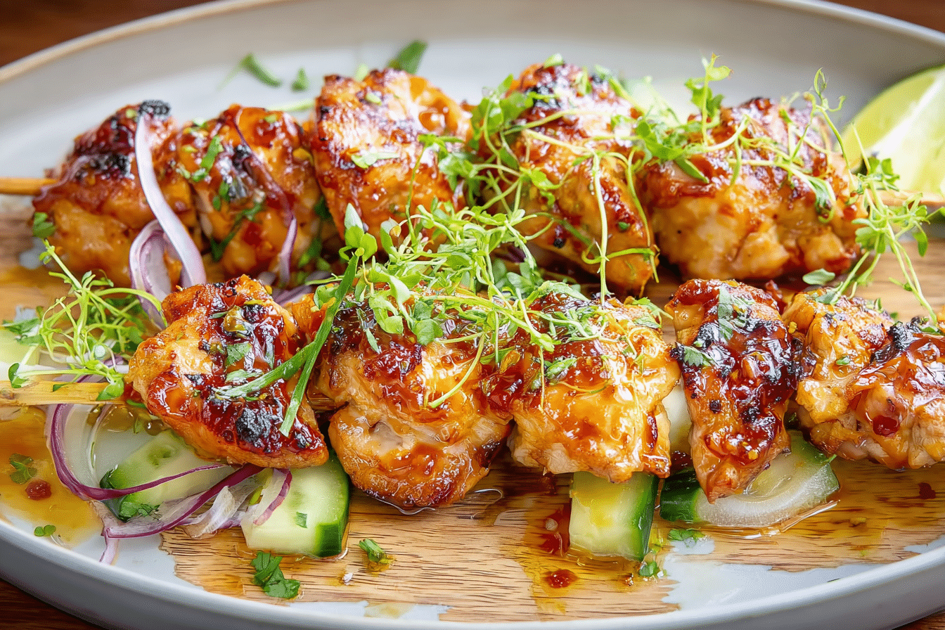 Grilled spicy honey lime chicken skewers with herbs and lime