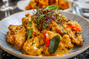 Creamy Crispy Singapore Butter Chicken in butter sauce with curry leaves