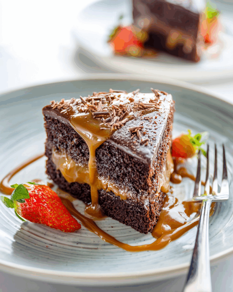 Sliced salted caramel chocolate cake on a plate