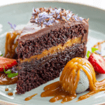 Salted Caramel Chocolate Cake layered with frosting and flaky sea salt