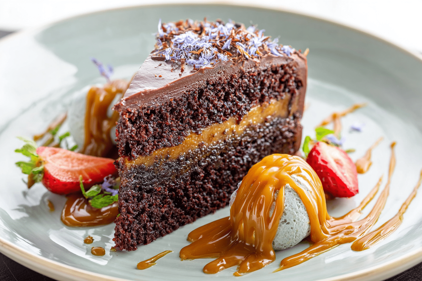 Salted Caramel Chocolate Cake layered with frosting and flaky sea salt