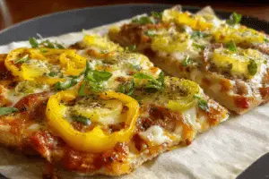 Banana pepper pizza fresh from the oven with melted mozzarella and salami