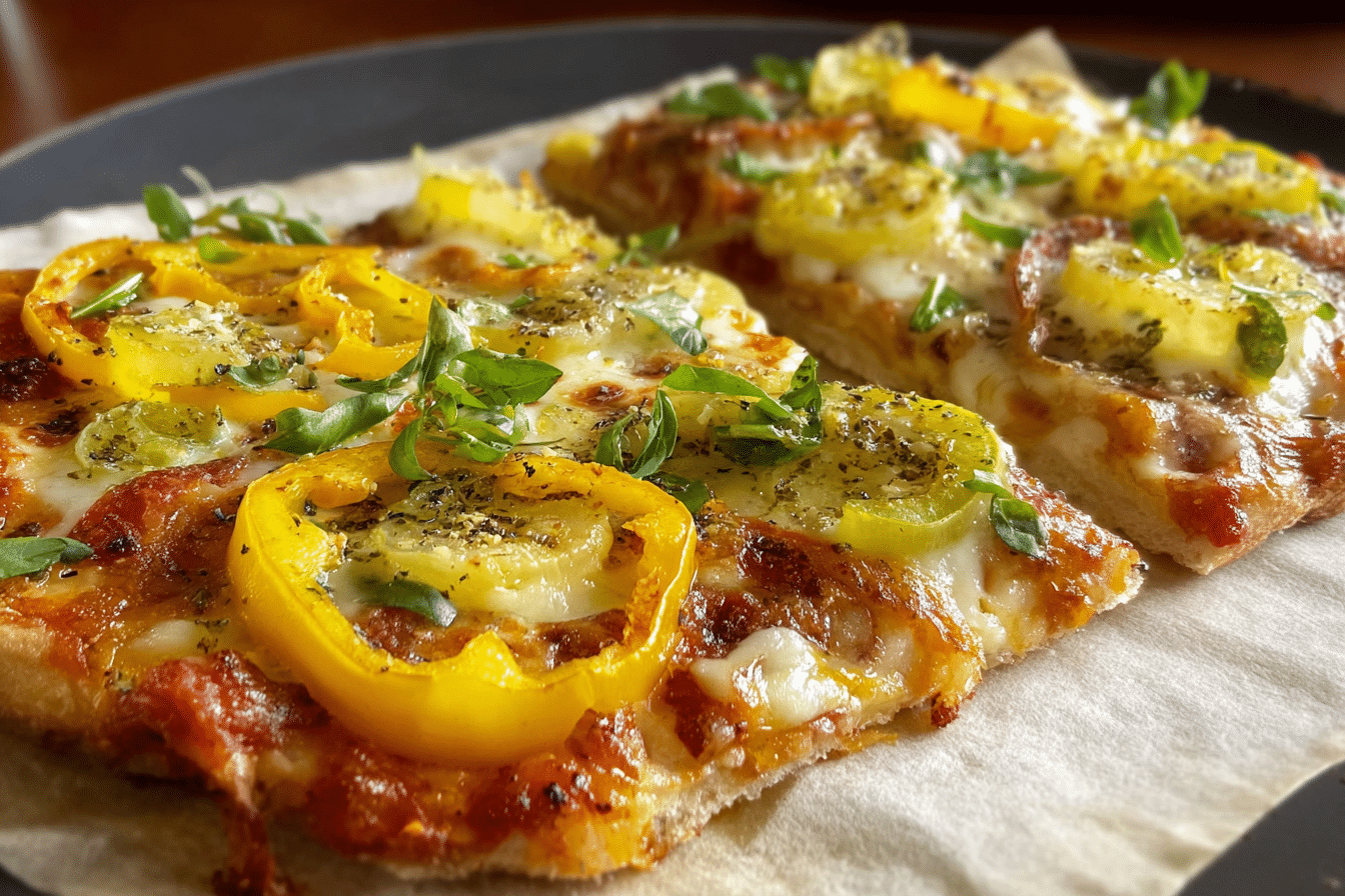 Banana pepper pizza fresh from the oven with melted mozzarella and salami