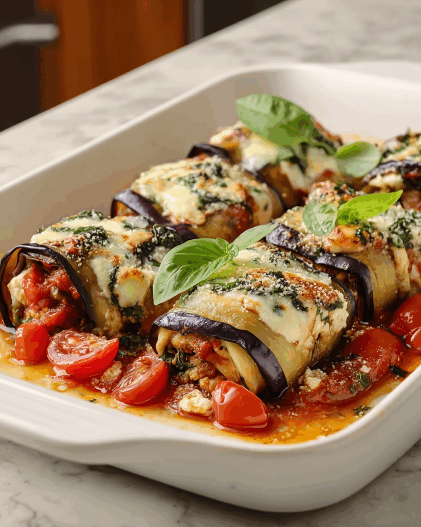 Eggplant rollatini in a baking dish