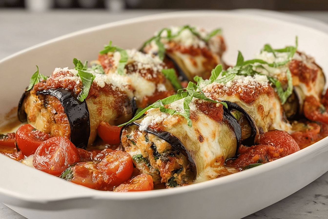 Healthy Eggplant Rollatini on a serving plate