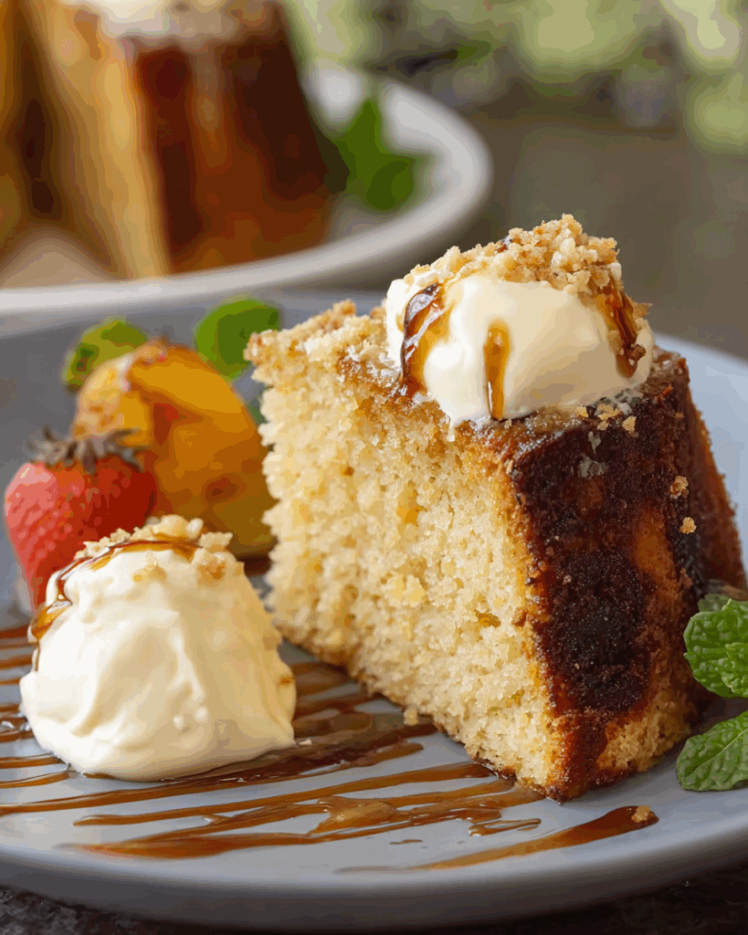 Plated slice of Haitian Rum Cake with garnish