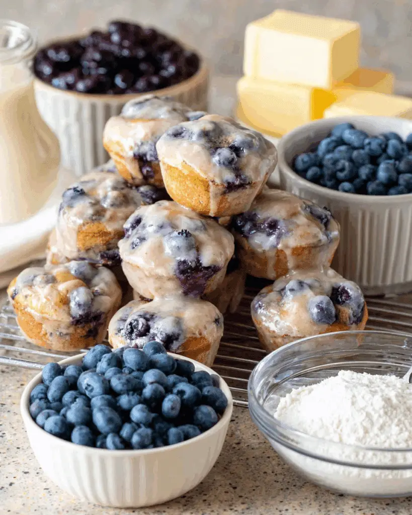 Brunch board with baked blueberry fritter bites and coffee setup