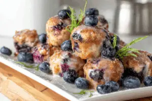 Baked Blueberry Fritter Bites fresh from the oven with blueberry glaze