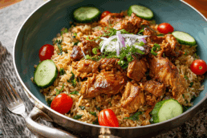 One Pot Shawarma Chicken and Rice in cast-iron skillet