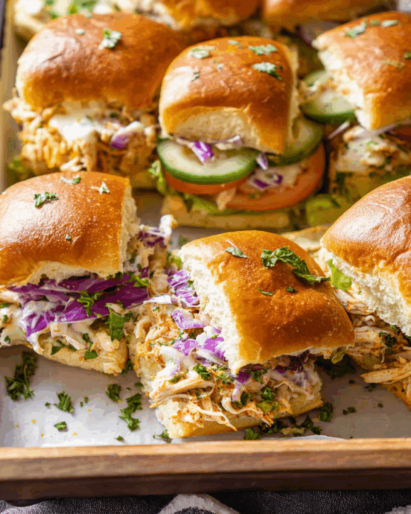 Baked shredded rotisserie chicken sliders cooling