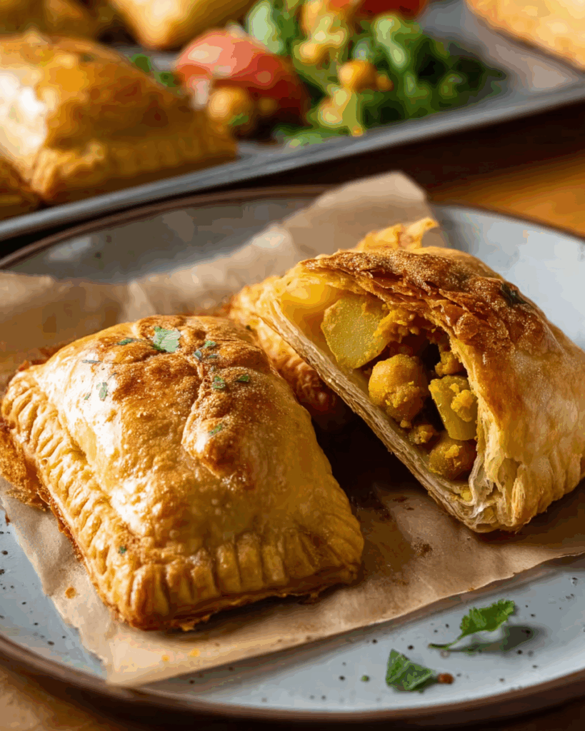 Storing curry puff with potato and chickpea in a container