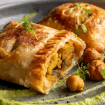Freshly baked curry puff with potato and chickpea on a rustic board