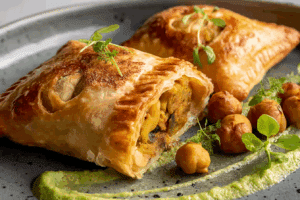 Freshly baked curry puff with potato and chickpea on a rustic board
