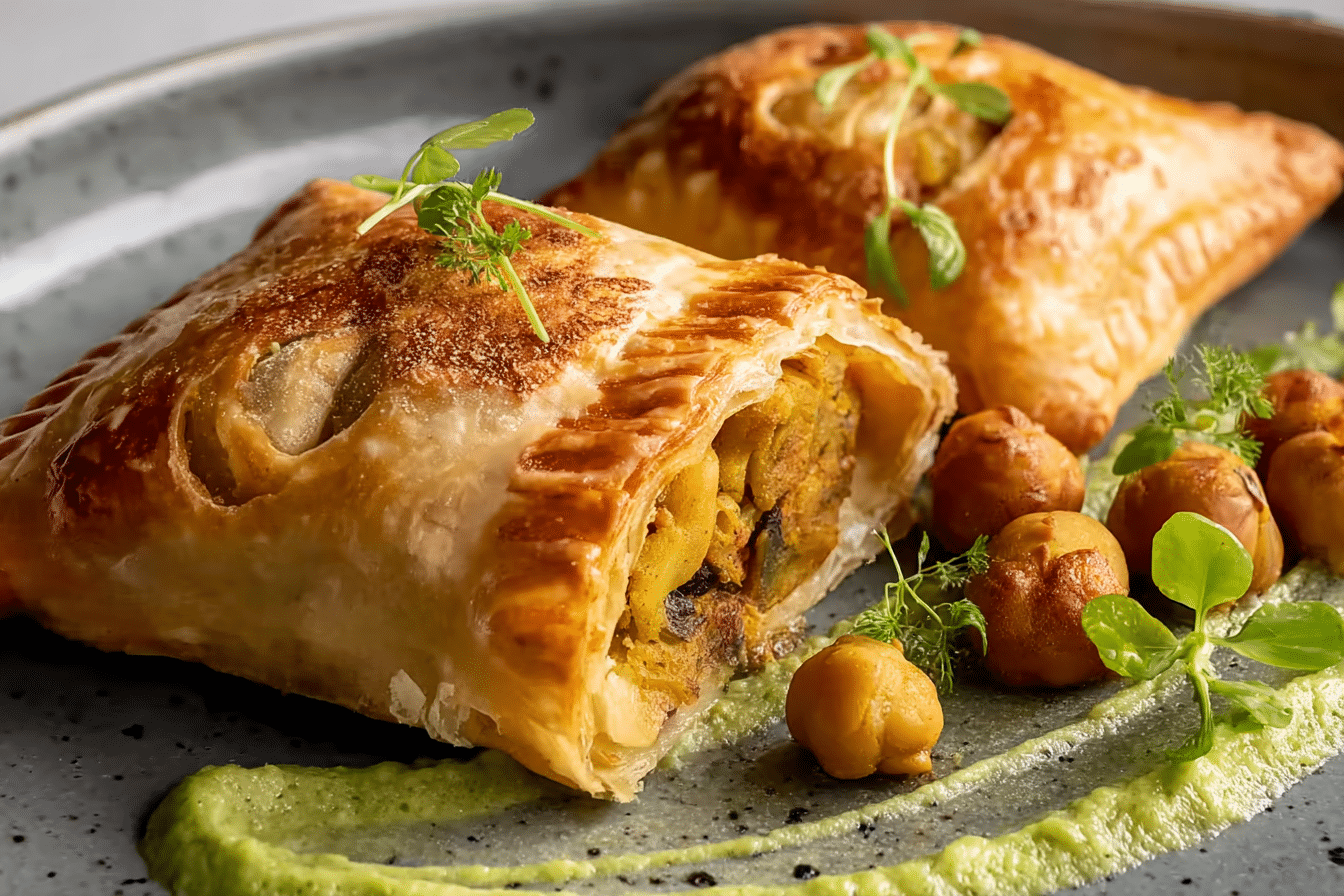 Freshly baked curry puff with potato and chickpea on a rustic board