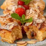 Freshly baked Almond Croissant Bites on wooden board