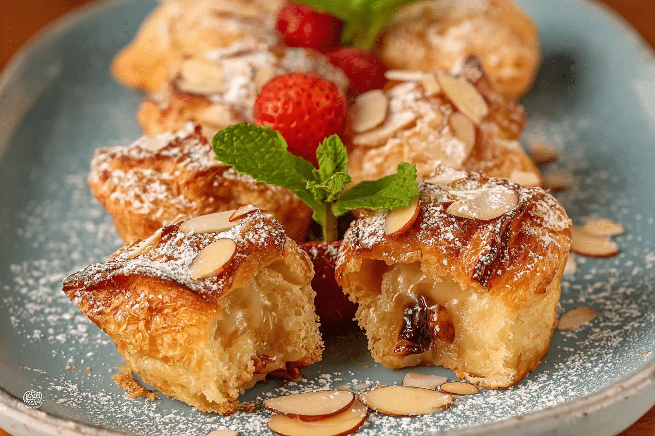 Freshly baked Almond Croissant Bites on wooden board