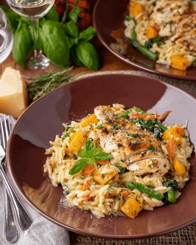 Plated Boursin Orzo Bake with Chicken and Veggies with salad