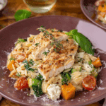 Boursin Orzo Bake with Chicken and Veggies in golden casserole
