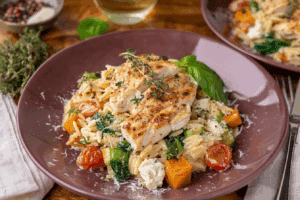 Boursin Orzo Bake with Chicken and Veggies in golden casserole