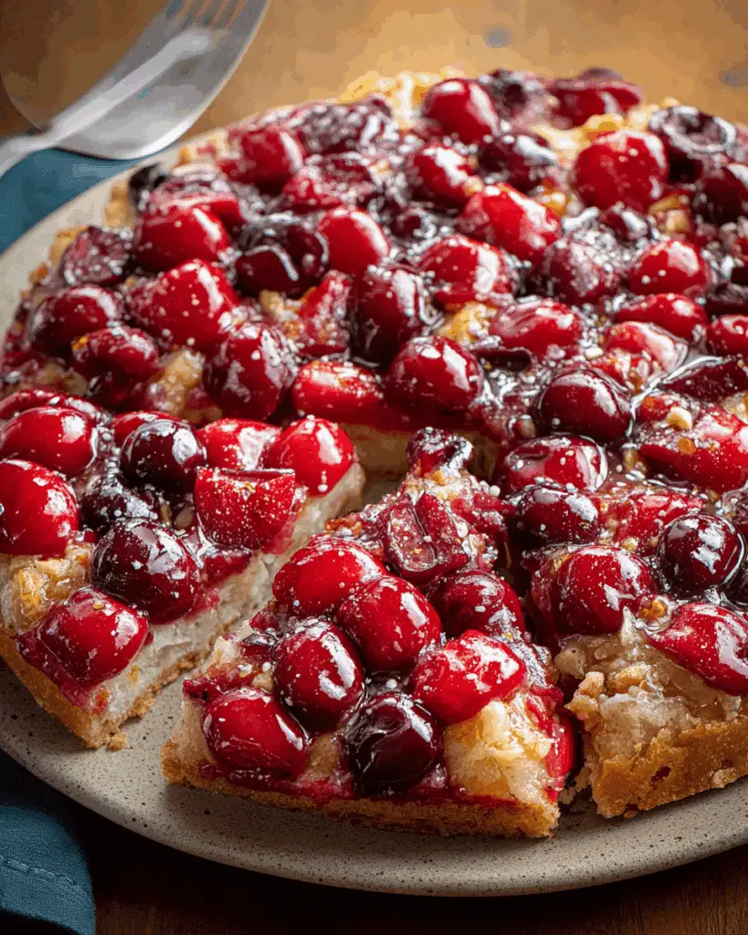 Cherry dessert pizza slice with ice cream