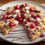 Close-up of cherry dessert pizza with almond glaze