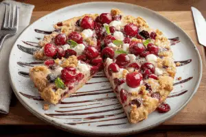 Close-up of cherry dessert pizza with almond glaze