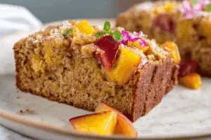 piced Peach Bread fresh loaf sliced on board