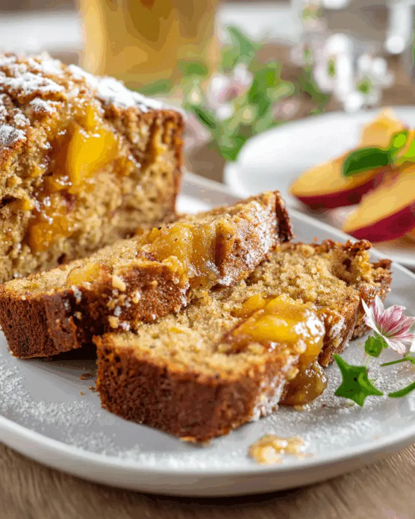Served slice of Spiced Peach Bread with whipped cream