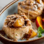 peach cobbler cinnamon rolls fresh out of the oven